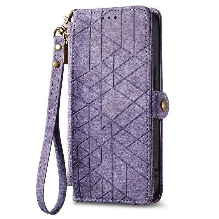 For iPhone 16 Case Zipper Wallet Geometry Lines Leather Phone Cover