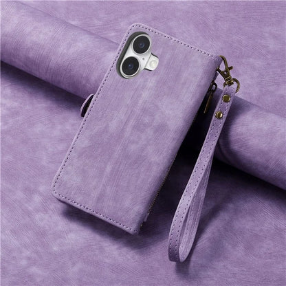 For iPhone 16 Case Zipper Wallet Geometry Lines Leather Phone Cover