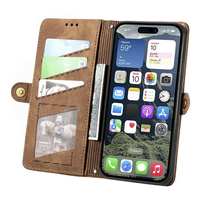 For iPhone 16 Case Zipper Wallet Geometry Lines Leather Phone Cover