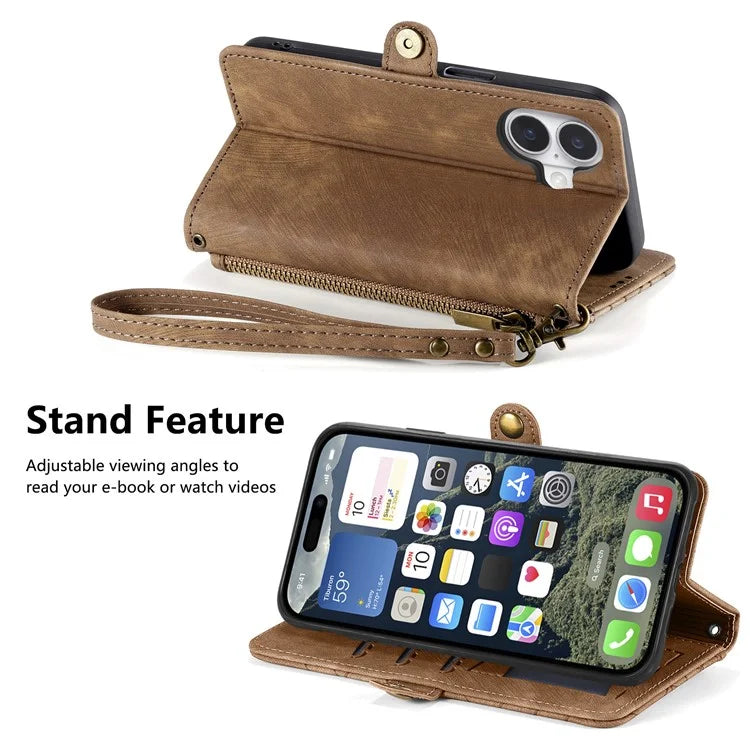 For iPhone 16 Case Zipper Wallet Geometry Lines Leather Phone Cover