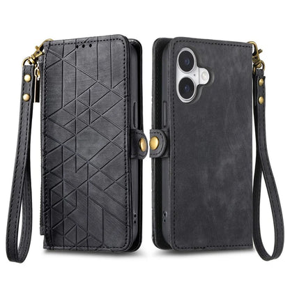 For iPhone 16 Case Zipper Wallet Geometry Lines Leather Phone Cover