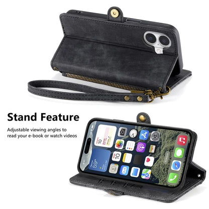 For iPhone 16 Case Zipper Wallet Geometry Lines Leather Phone Cover