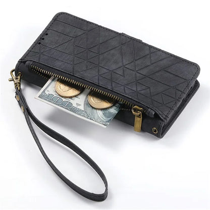 For iPhone 16 Case Zipper Wallet Geometry Lines Leather Phone Cover