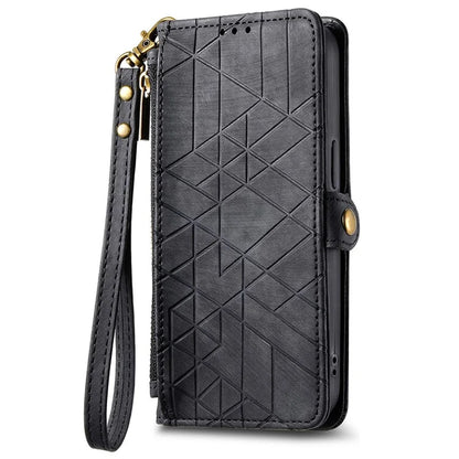 For iPhone 16 Case Zipper Wallet Geometry Lines Leather Phone Cover