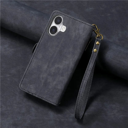 For iPhone 16 Case Zipper Wallet Geometry Lines Leather Phone Cover