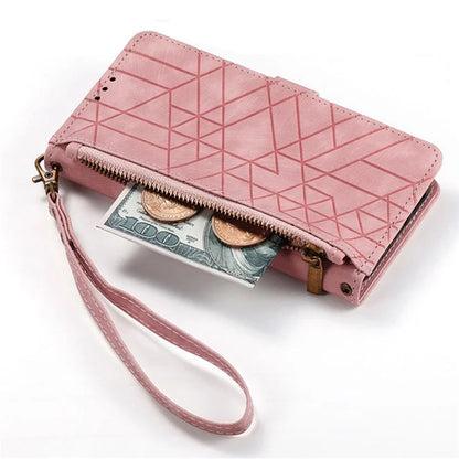For iPhone 16 Plus Case Zipper Wallet Geometry Lines Leather Phone Cover