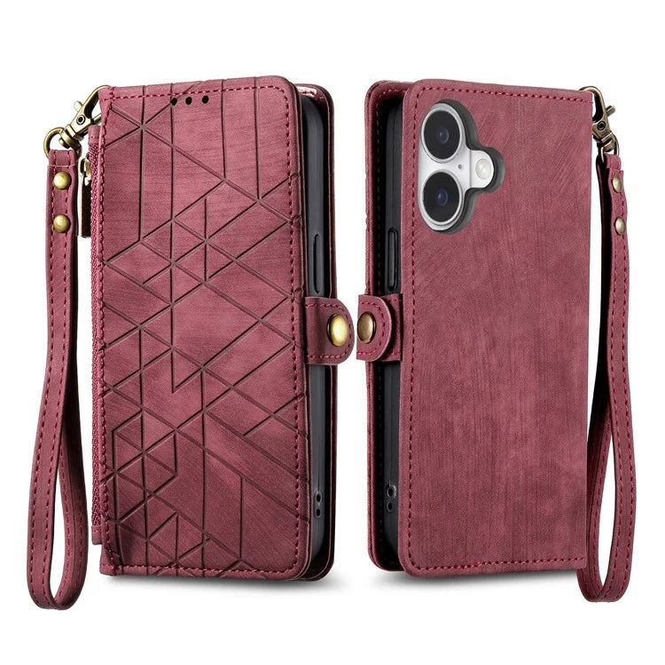 For iPhone 16 Plus Case Zipper Wallet Geometry Lines Leather Phone Cover