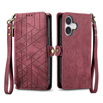 For iPhone 16 Plus Case Zipper Wallet Geometry Lines Leather Phone Cover