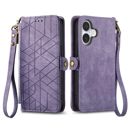 For iPhone 16 Plus Case Zipper Wallet Geometry Lines Leather Phone Cover
