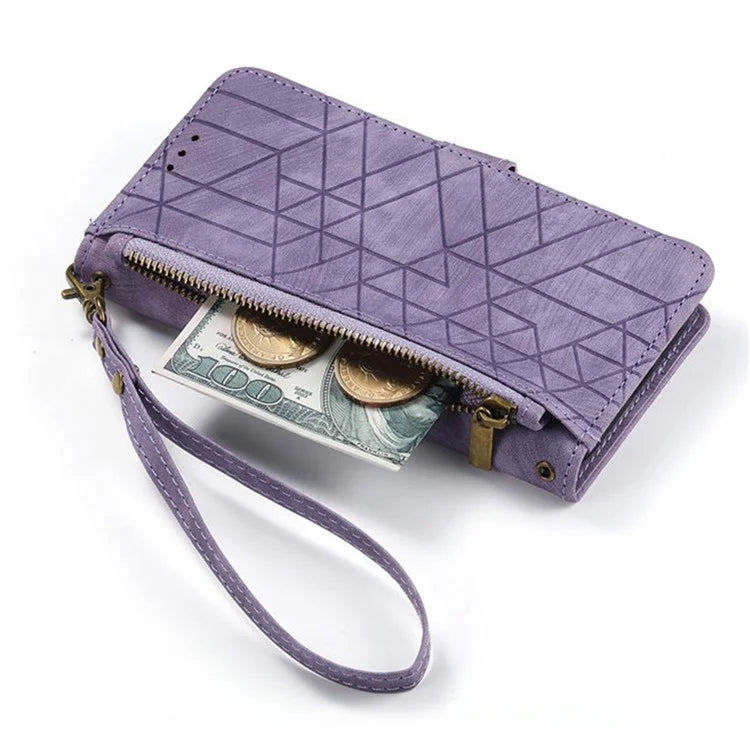 For iPhone 16 Plus Case Zipper Wallet Geometry Lines Leather Phone Cover