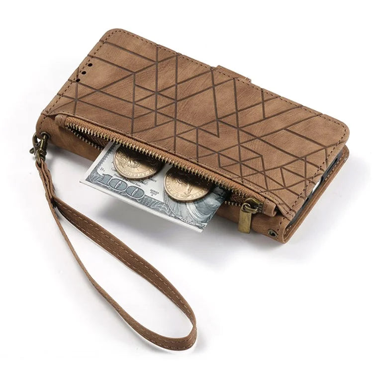 For iPhone 16 Plus Case Zipper Wallet Geometry Lines Leather Phone Cover