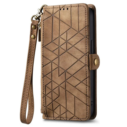 For iPhone 16 Plus Case Zipper Wallet Geometry Lines Leather Phone Cover