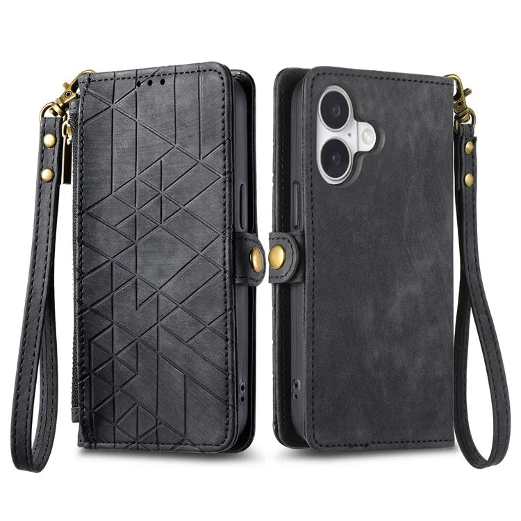For iPhone 16 Plus Case Zipper Wallet Geometry Lines Leather Phone Cover