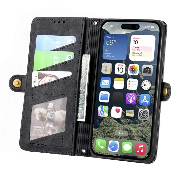For iPhone 16 Plus Case Zipper Wallet Geometry Lines Leather Phone Cover