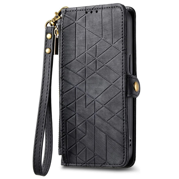 For iPhone 16 Plus Case Zipper Wallet Geometry Lines Leather Phone Cover