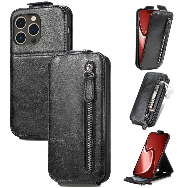 For iPhone 16 Pro Case Zipper Wallet Phone Leather Cover Vertical Flip Closing
