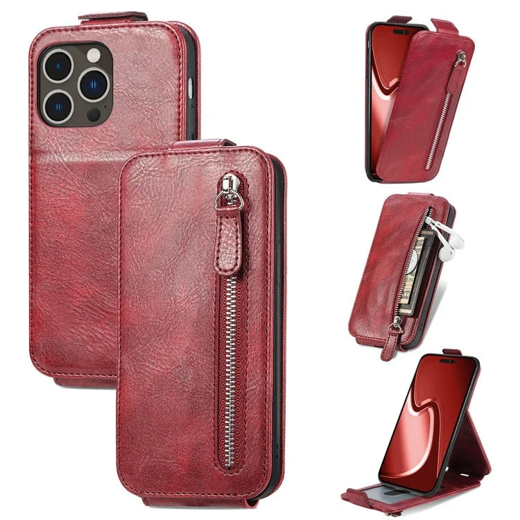 For iPhone 16 Pro Case Zipper Wallet Phone Leather Cover Vertical Flip Closing