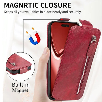 For iPhone 16 Pro Case Zipper Wallet Phone Leather Cover Vertical Flip Closing