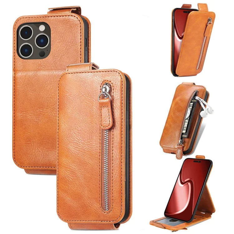 For iPhone 16 Pro Max Case Zipper Wallet Phone Leather Cover Vertical Flip Closing