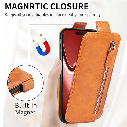 For iPhone 16 Pro Max Case Zipper Wallet Phone Leather Cover Vertical Flip Closing