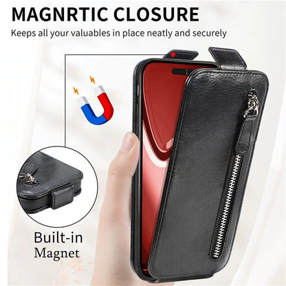 For iPhone 16 Pro Max Case Zipper Wallet Phone Leather Cover Vertical Flip Closing