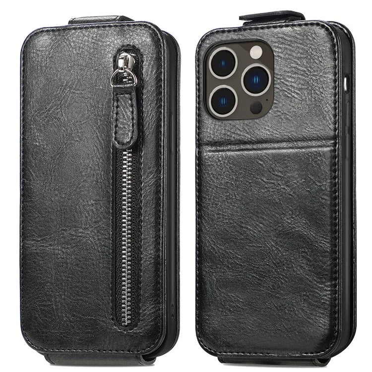 For iPhone 16 Pro Max Case Zipper Wallet Phone Leather Cover Vertical Flip Closing