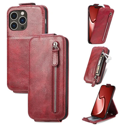 For iPhone 16 Pro Max Case Zipper Wallet Phone Leather Cover Vertical Flip Closing