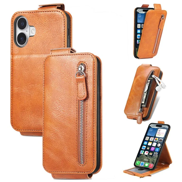 For iPhone 16 Case Zipper Wallet Phone Leather Cover Vertical Flip Closing