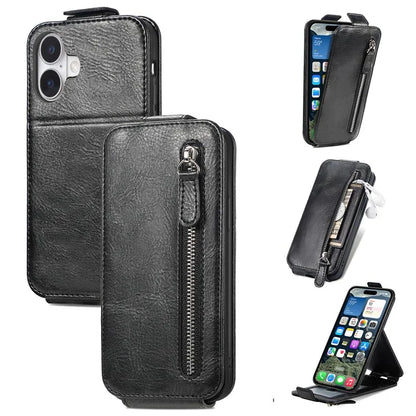 For iPhone 16 Case Zipper Wallet Phone Leather Cover Vertical Flip Closing