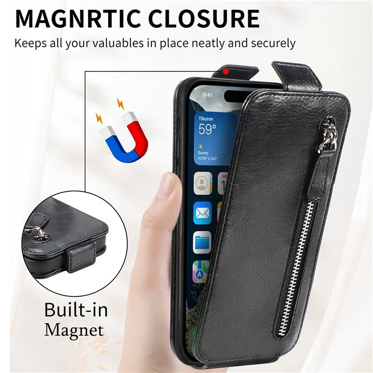 For iPhone 16 Case Zipper Wallet Phone Leather Cover Vertical Flip Closing
