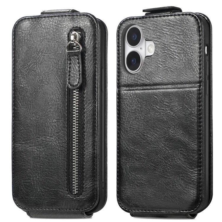 For iPhone 16 Case Zipper Wallet Phone Leather Cover Vertical Flip Closing