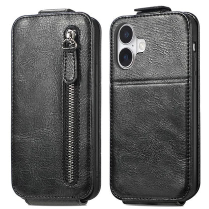 For iPhone 16 Case Zipper Wallet Phone Leather Cover Vertical Flip Closing
