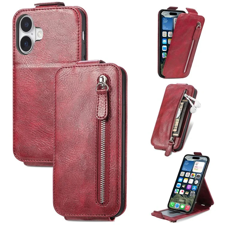 For iPhone 16 Case Zipper Wallet Phone Leather Cover Vertical Flip Closing