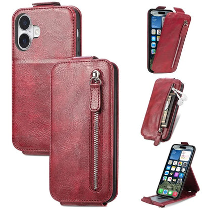 For iPhone 16 Case Zipper Wallet Phone Leather Cover Vertical Flip Closing