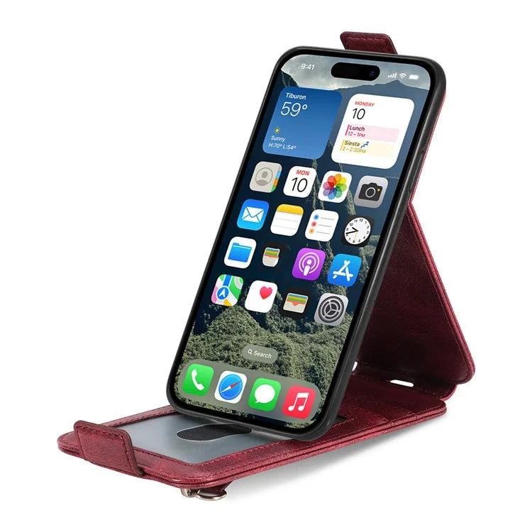 For iPhone 16 Case Zipper Wallet Phone Leather Cover Vertical Flip Closing