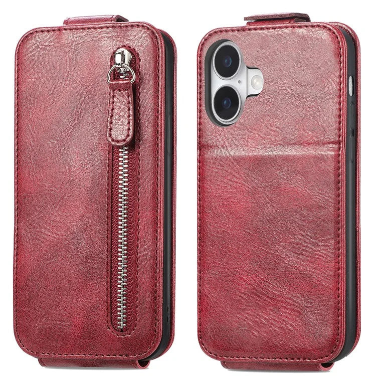 For iPhone 16 Case Zipper Wallet Phone Leather Cover Vertical Flip Closing