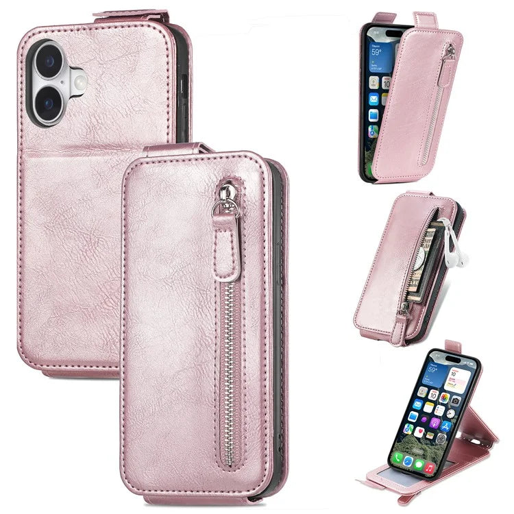 For iPhone 16 Case Zipper Wallet Phone Leather Cover Vertical Flip Closing