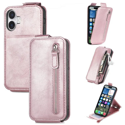 For iPhone 16 Case Zipper Wallet Phone Leather Cover Vertical Flip Closing