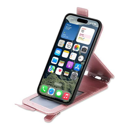 For iPhone 16 Case Zipper Wallet Phone Leather Cover Vertical Flip Closing