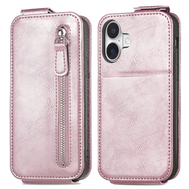For iPhone 16 Case Zipper Wallet Phone Leather Cover Vertical Flip Closing