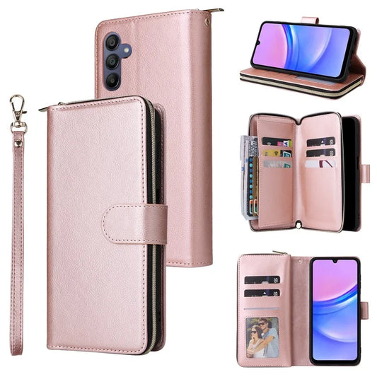 For Samsung Galaxy A16 5G Case Zipper Pocket PU Leather Phone Cover with Hand Strap