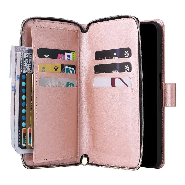 For Samsung Galaxy A16 5G Case Zipper Pocket PU Leather Phone Cover with Hand Strap