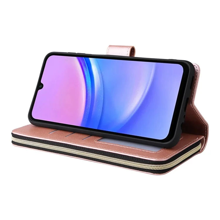 For Samsung Galaxy A16 5G Case Zipper Pocket PU Leather Phone Cover with Hand Strap