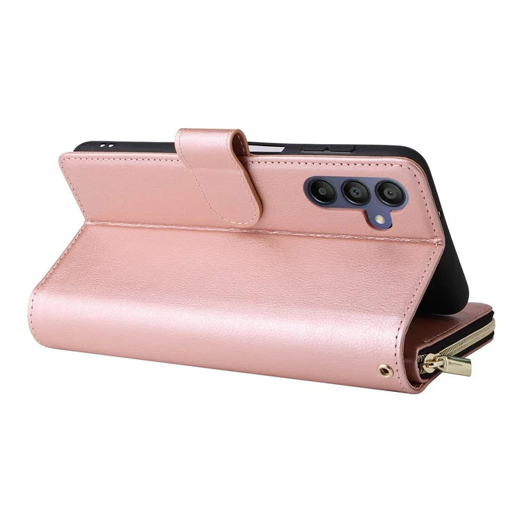 For Samsung Galaxy A16 5G Case Zipper Pocket PU Leather Phone Cover with Hand Strap