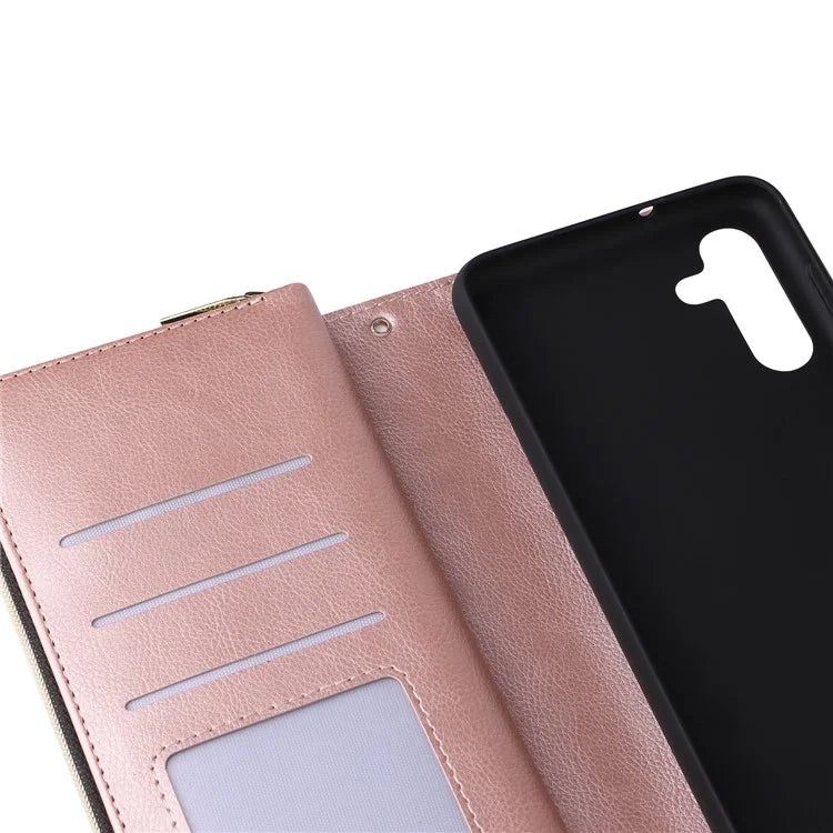 For Samsung Galaxy A16 5G Case Zipper Pocket PU Leather Phone Cover with Hand Strap
