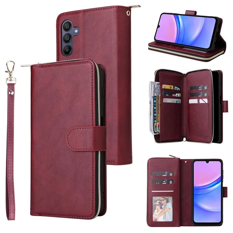 For Samsung Galaxy A16 5G Case Zipper Pocket PU Leather Phone Cover with Hand Strap