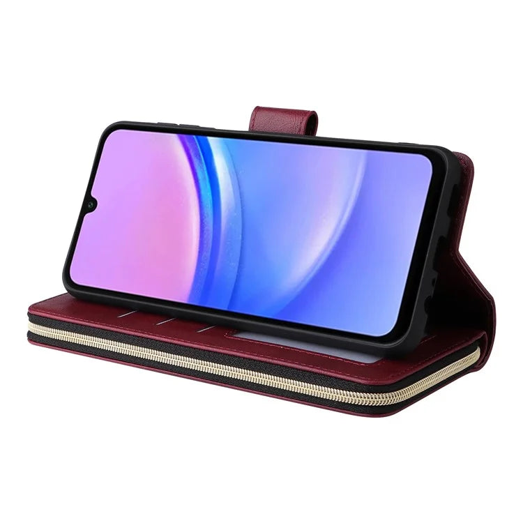 For Samsung Galaxy A16 5G Case Zipper Pocket PU Leather Phone Cover with Hand Strap