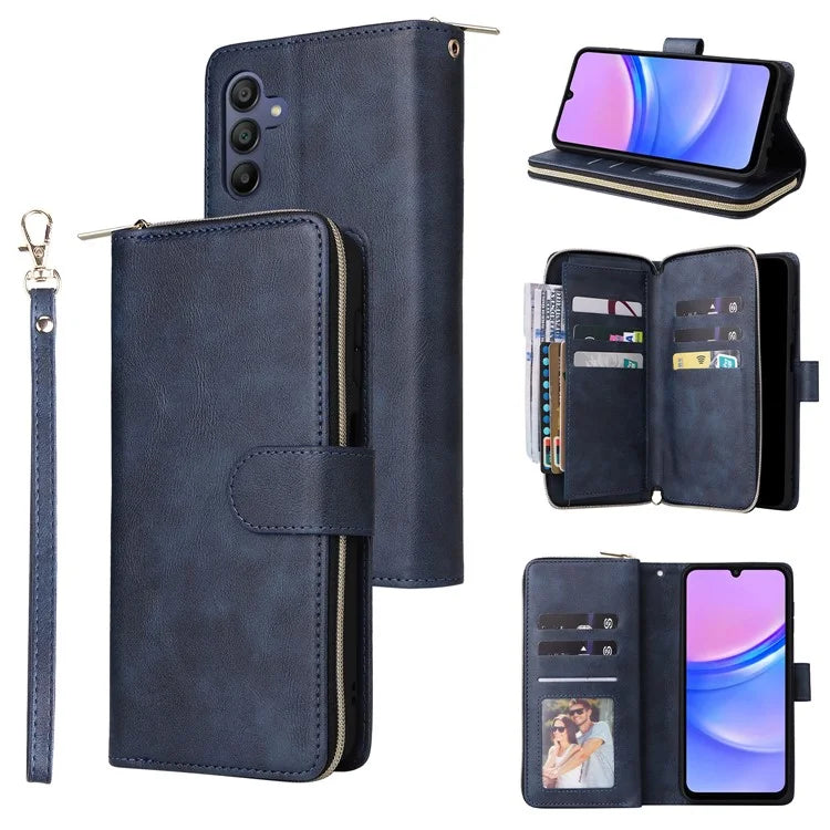 For Samsung Galaxy A16 5G Case Zipper Pocket PU Leather Phone Cover with Hand Strap