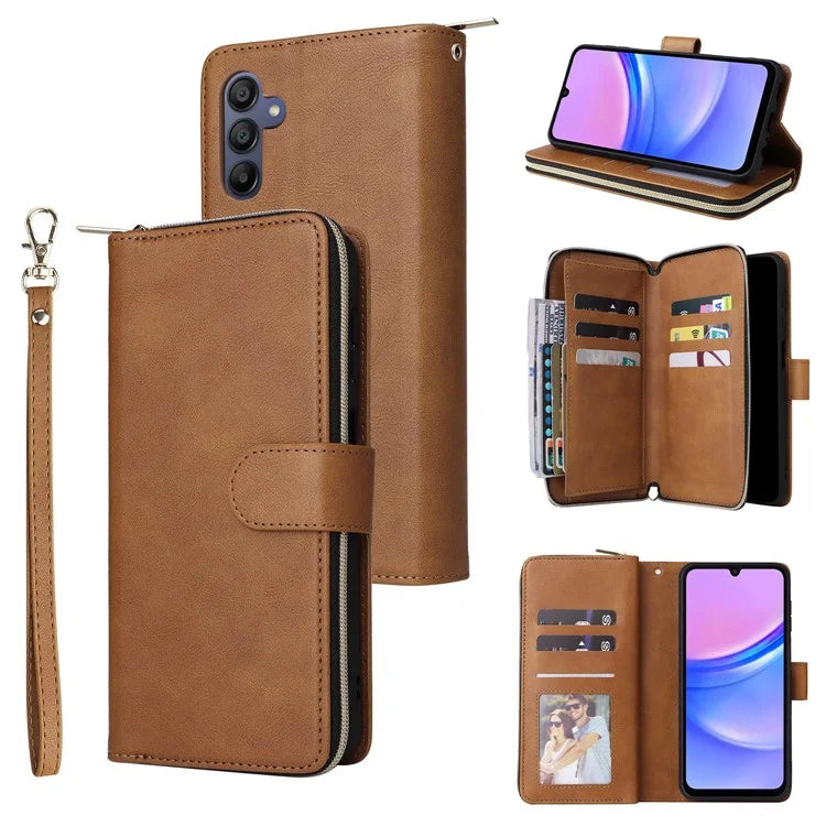 For Samsung Galaxy A16 5G Case Zipper Pocket PU Leather Phone Cover with Hand Strap