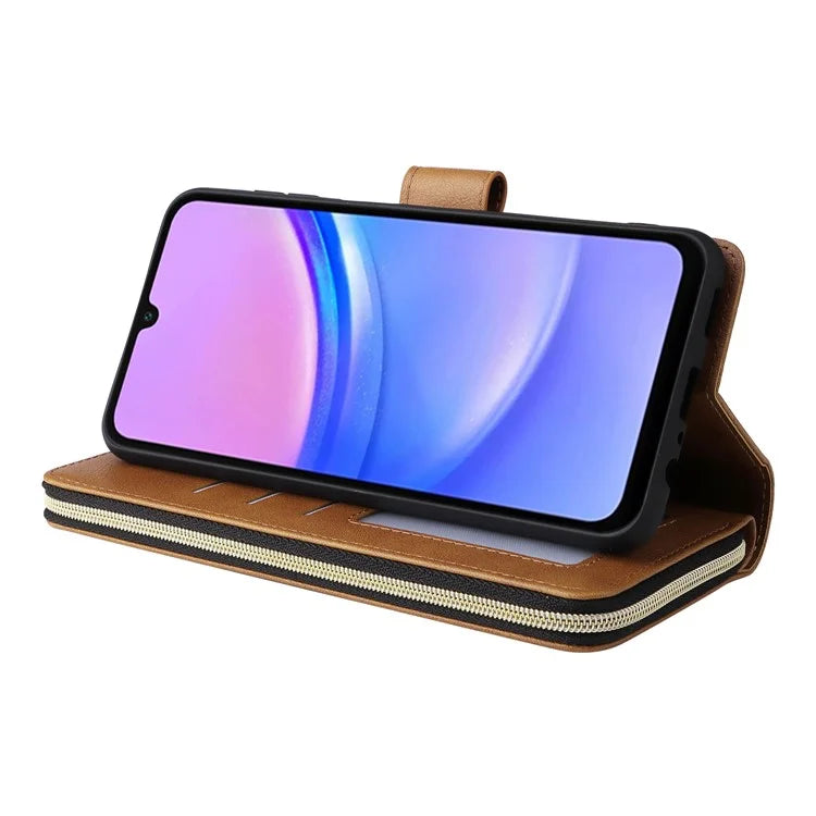 For Samsung Galaxy A16 5G Case Zipper Pocket PU Leather Phone Cover with Hand Strap
